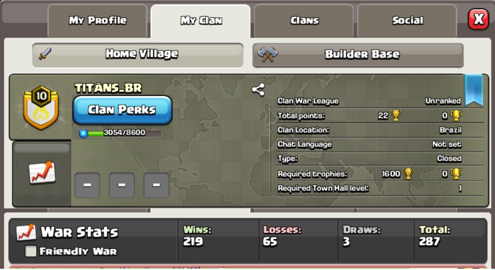 Clan level: 10 | Clan Name: TITANS BR | League: Unranked | Warlog Positive + (very good)-10_tit-ns_br_unranked-jpg