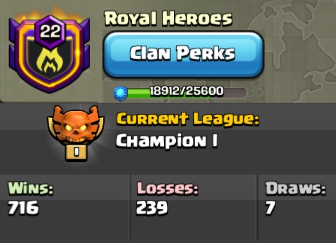 Clan level 22.73 | Name: Royal Heroes | League: Champion1-22-73_royal-heroes_champion1_2-jpg